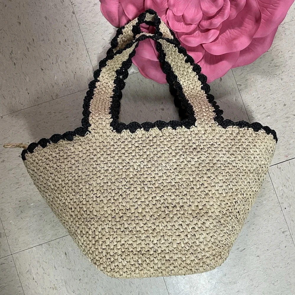 KATE SPADE x TARGET Raffia Bow Tote‎ Bag Woven Natural Black Boho Romantic Vacay